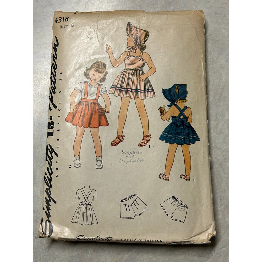 Vintage‎ 1940's Simplicity Pattern #4318 Girls Pinafore Skirts Size 6